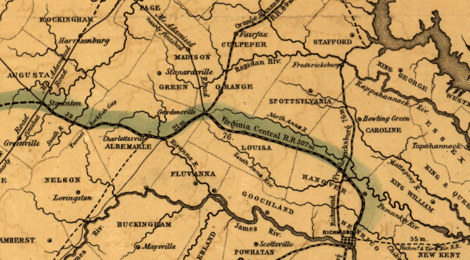 Virginia Central in 1852 Source: Library of Congress, Map of the Virginia Central Rail Road showing the connection between tide water Virginia, and the Ohio River at Big Sandy, Guyandotte and Point Pleasant